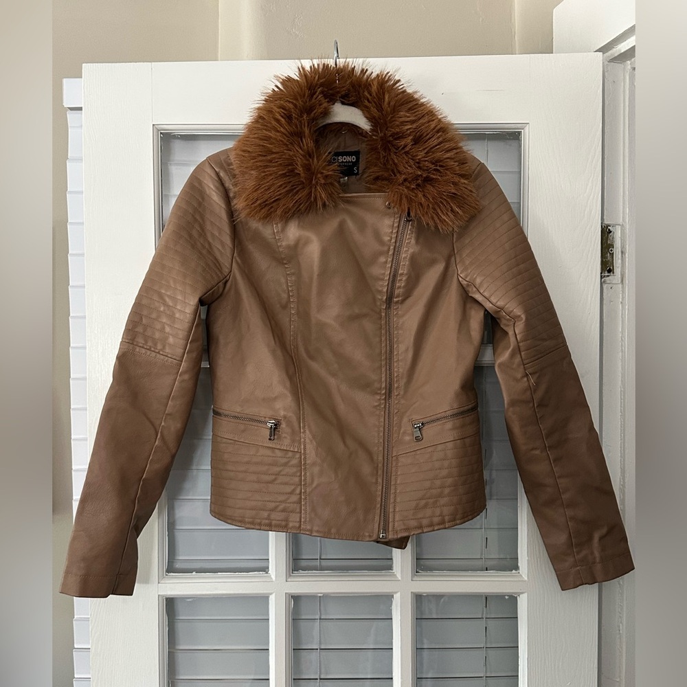 Ci Sono Women’s S Light Brown Faux Leather Fur Trim Jacket | SKU 0303